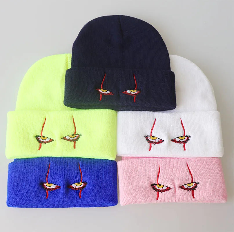 Pennywise Scary Eyes Beanie – Knitted Skull Cap for Kids & Adults | Horror Clown Outdoor Hat