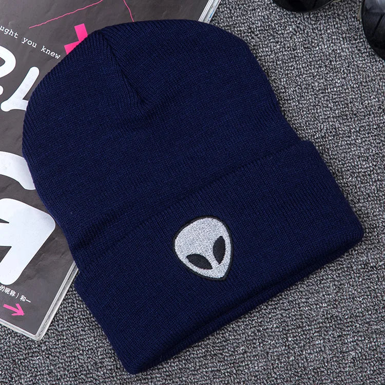 Alien Embroidered Skull Knitted Hat
