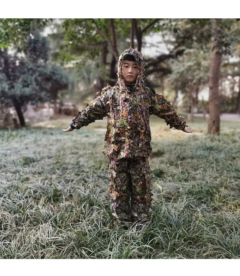 3D Leaf Ghillie Suit – Outdoor Camouflage Jacket & Pants Set with Hood | Hunting, Airsoft & Jungle Training (Men, Women, Kids)