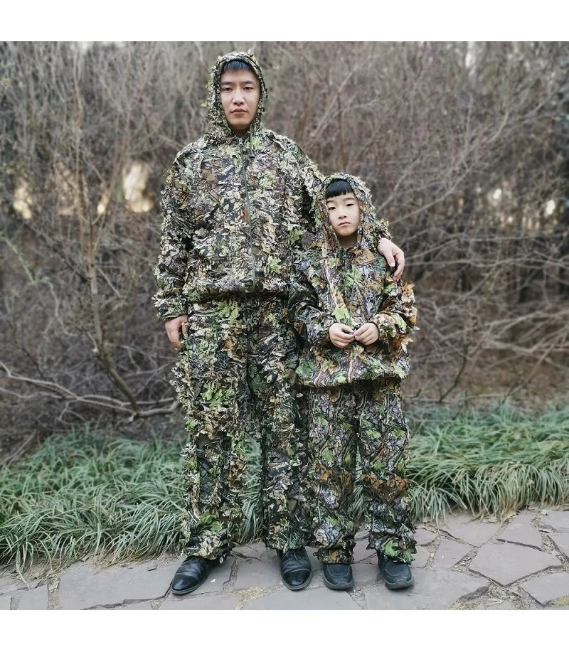 3D Leaf Ghillie Suit – Outdoor Camouflage Jacket & Pants Set with Hood | Hunting, Airsoft & Jungle Training (Men, Women, Kids)
