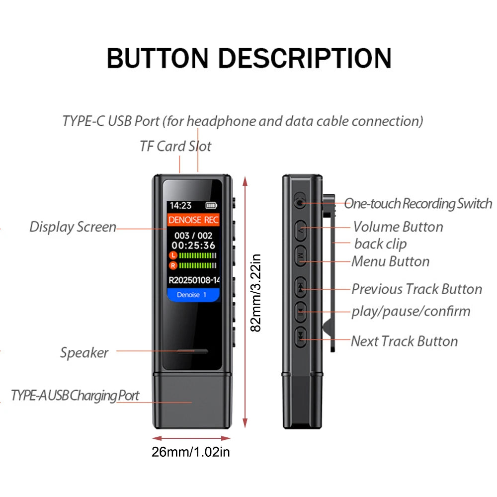 Mini Pocket Voice-Activated Recorder with Back Clip – Professional Noise-Canceling Digital Audio Recorder & MP3 Player