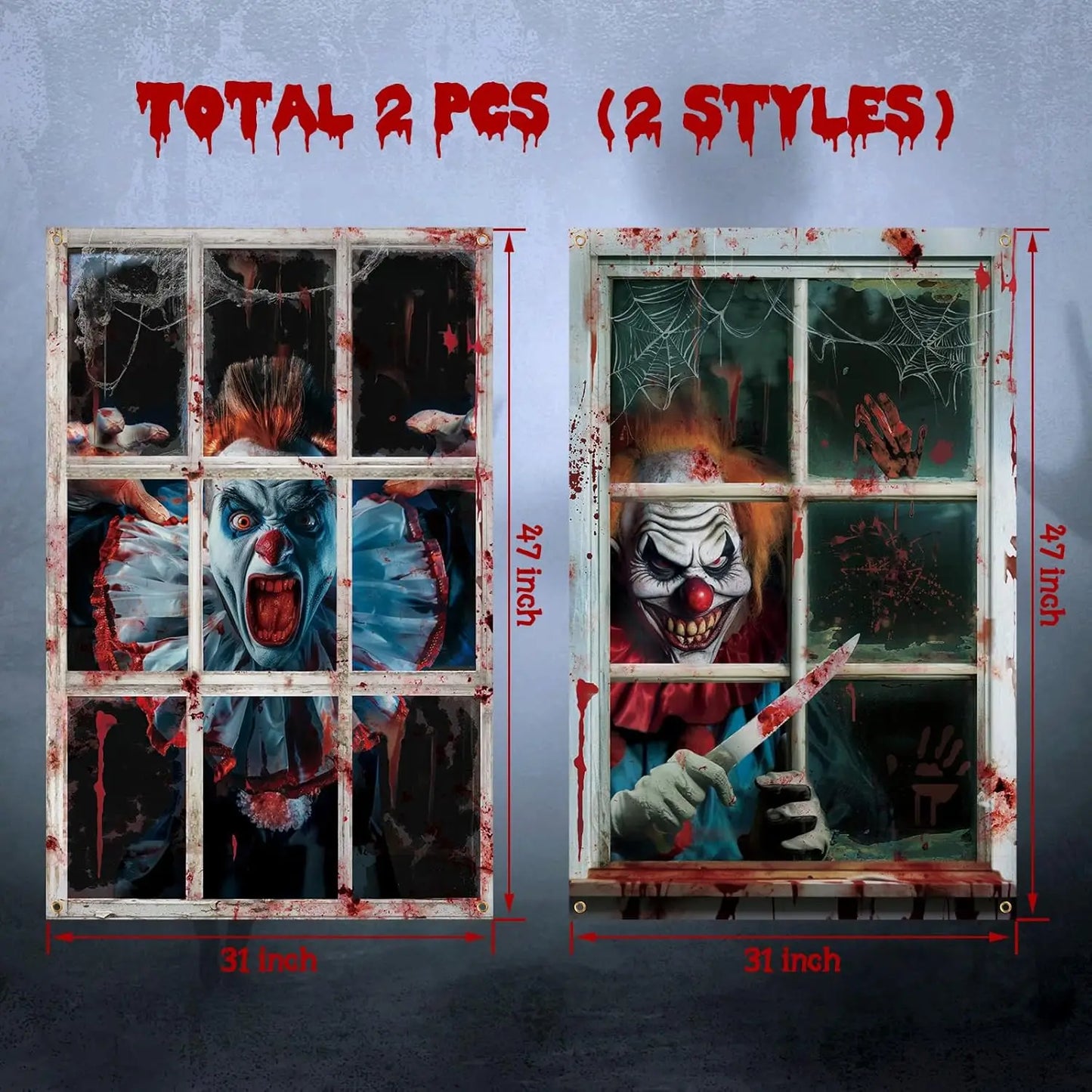 2 Pcs Scary Halloween Window Curtains – Horror Silhouette & Blood Splatter Decoration
