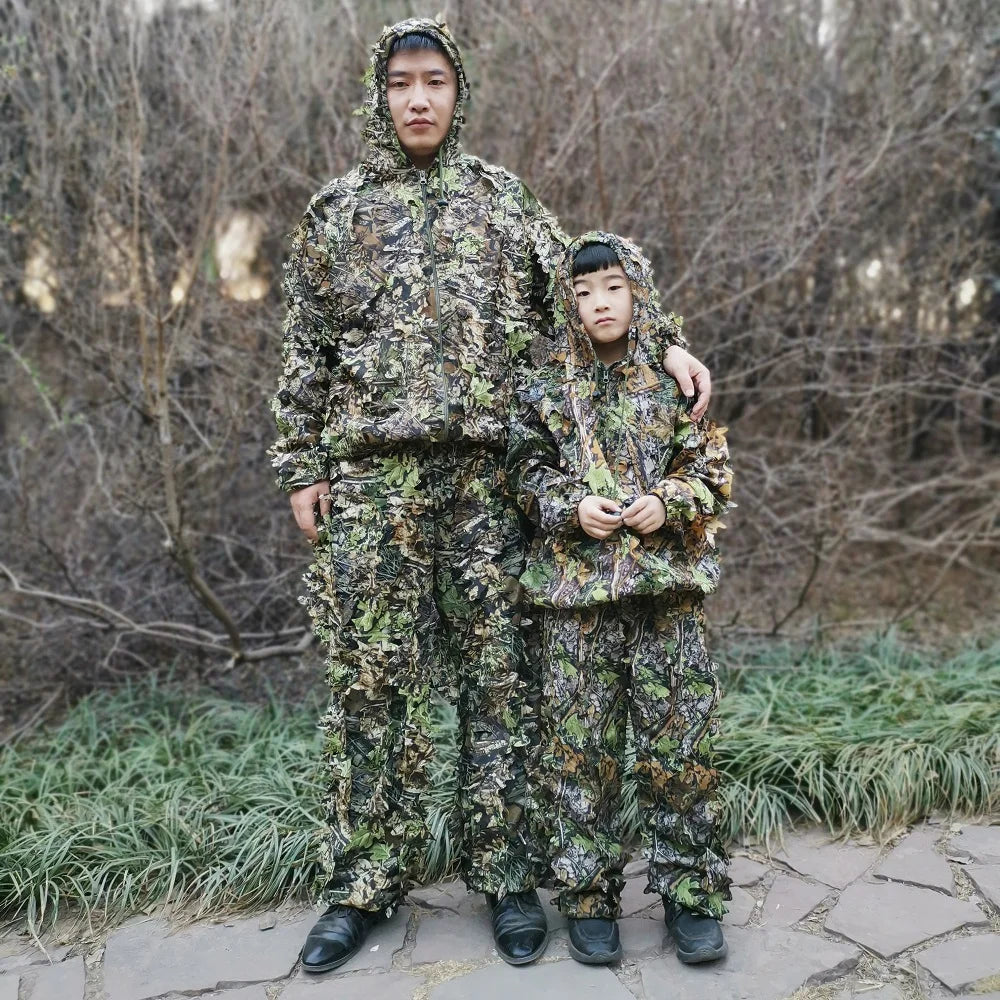 3D Leaf Ghillie Suit – Outdoor Camouflage Jacket & Pants Set with Hood | Hunting, Airsoft & Jungle Training (Men, Women, Kids)