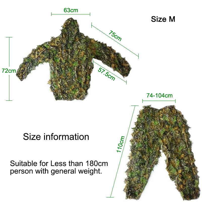 3D Leaf Ghillie Suit – Outdoor Camouflage Jacket & Pants Set with Hood | Hunting, Airsoft & Jungle Training (Men, Women, Kids)