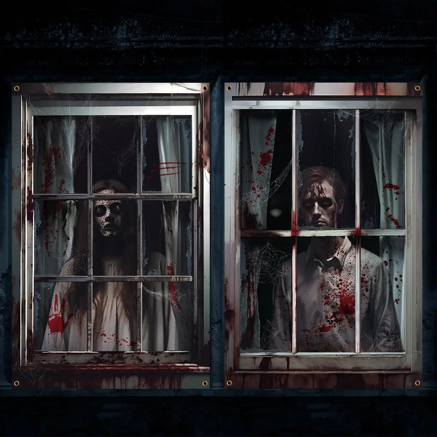 2 Pcs Scary Halloween Window Curtains – Horror Silhouette & Blood Splatter Decoration