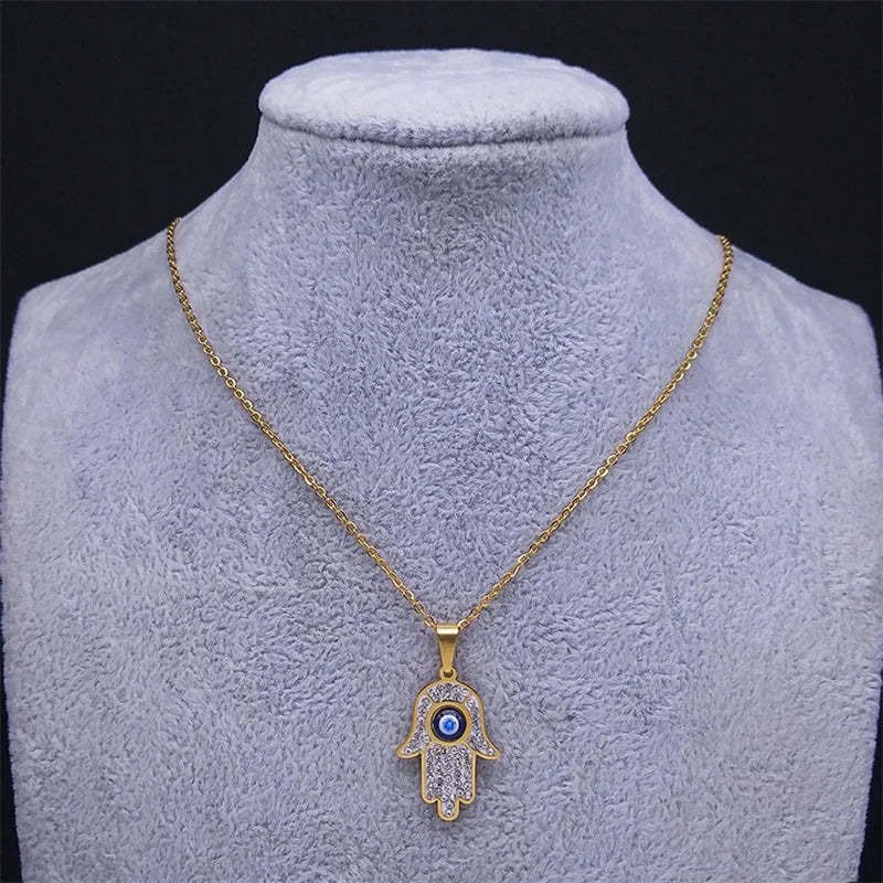 Fatima Hand Evil Eye Necklace – Stainless Steel Protection Pendant for Men & Women | Turkish Blue Eye Amulet Jewelry
