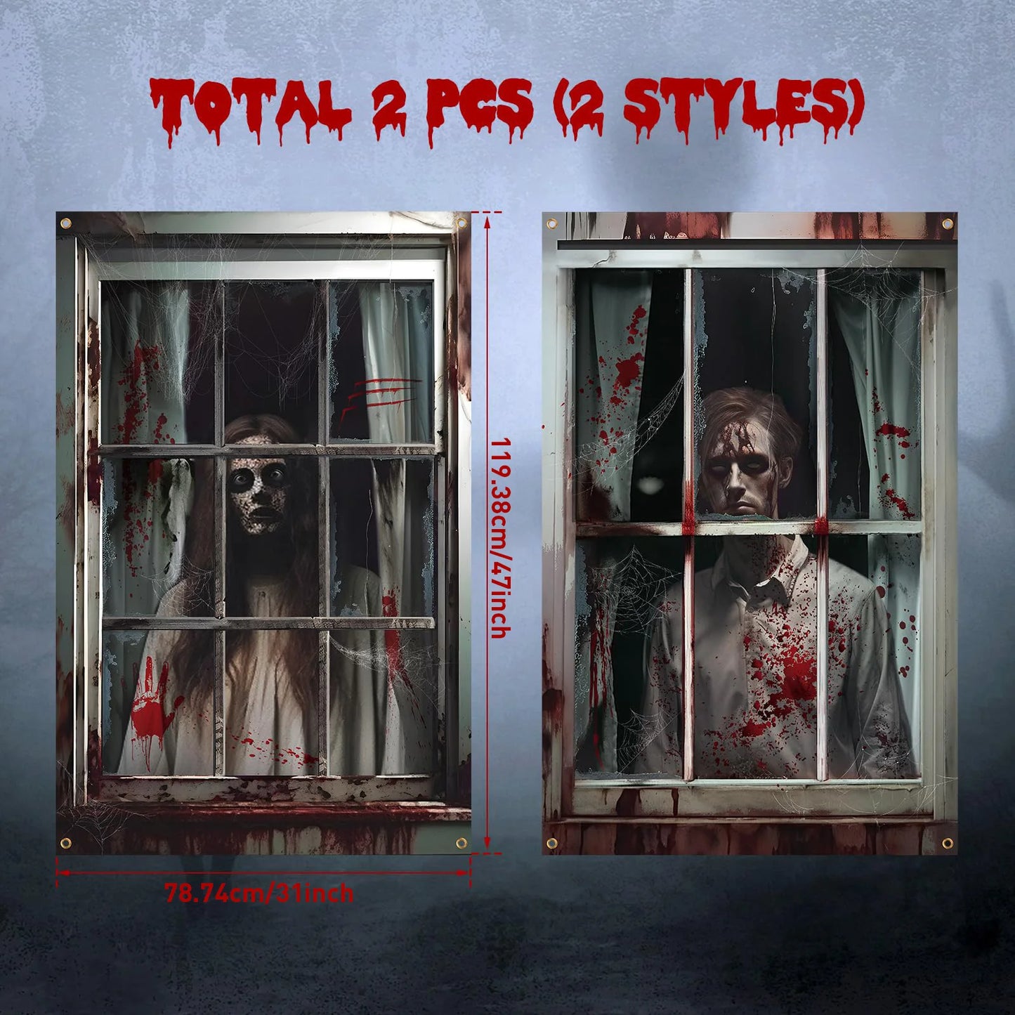 2 Pcs Scary Halloween Window Curtains – Horror Silhouette & Blood Splatter Decoration