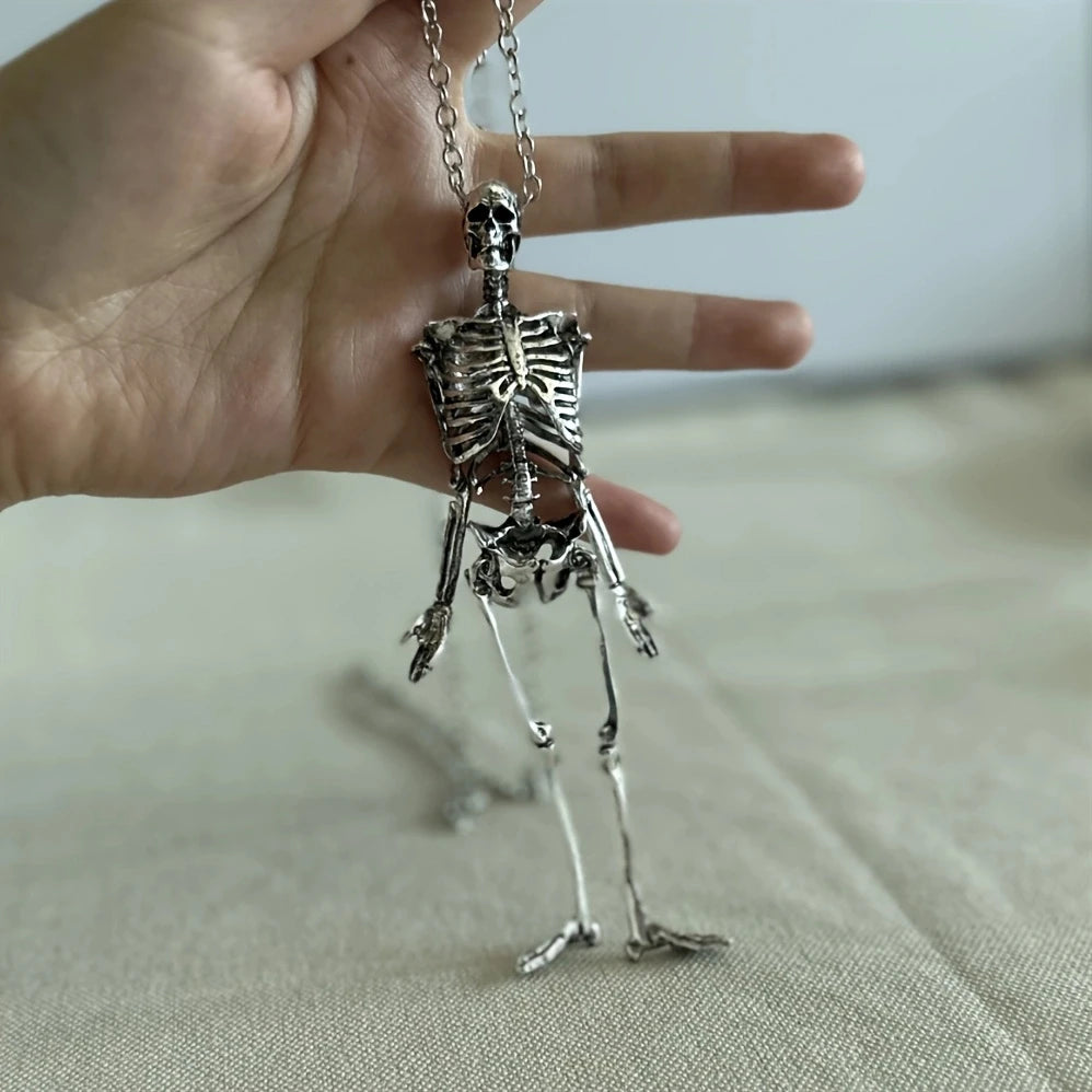 Skeleton Skull Pendant Necklace – Men’s Punk Hip-Hop Silver Gothic Jewelry | Adjustable Skeleton Body Chain