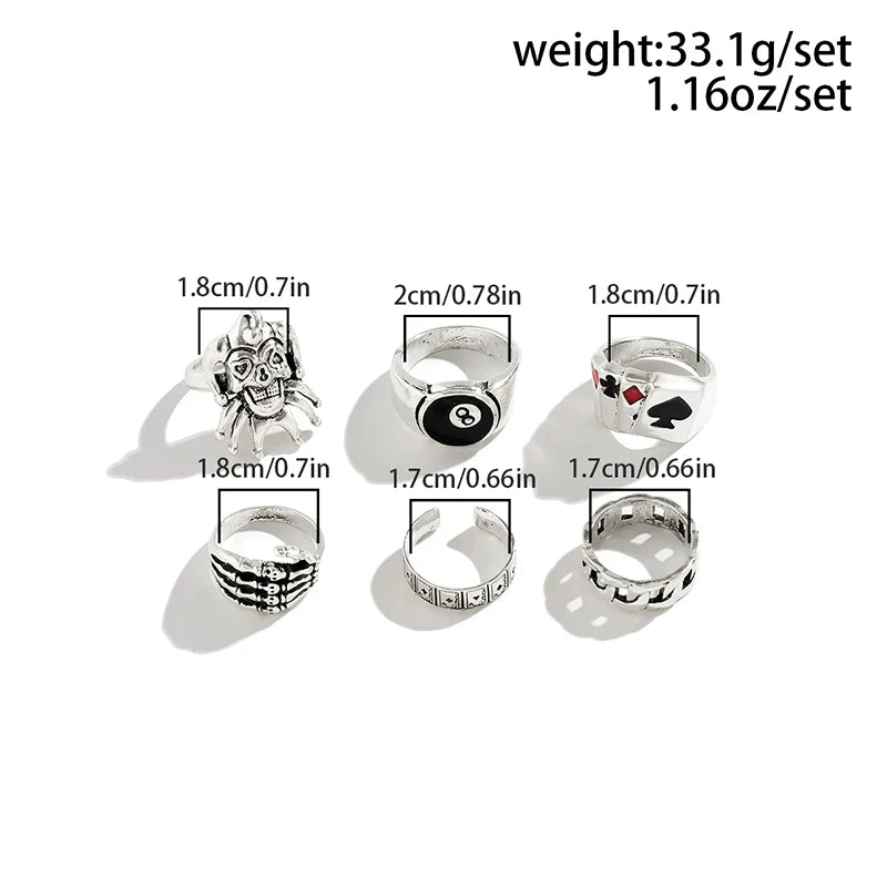 FTCY 6-Piece Poker Clown Ring Set – Gothic Hip Hop Skull, Ghost Claw & Geometric Jewelry for Men & Women
