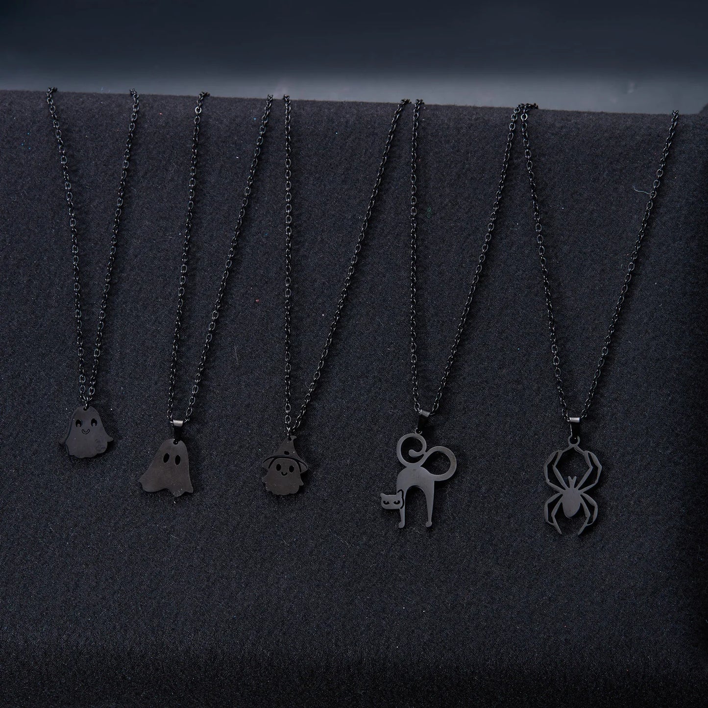 Halloween Pendant Necklace – Stainless Steel Black Cat, Ghost, Spider & Pumpkin Charm | Gothic Friendship Jewelry Gift