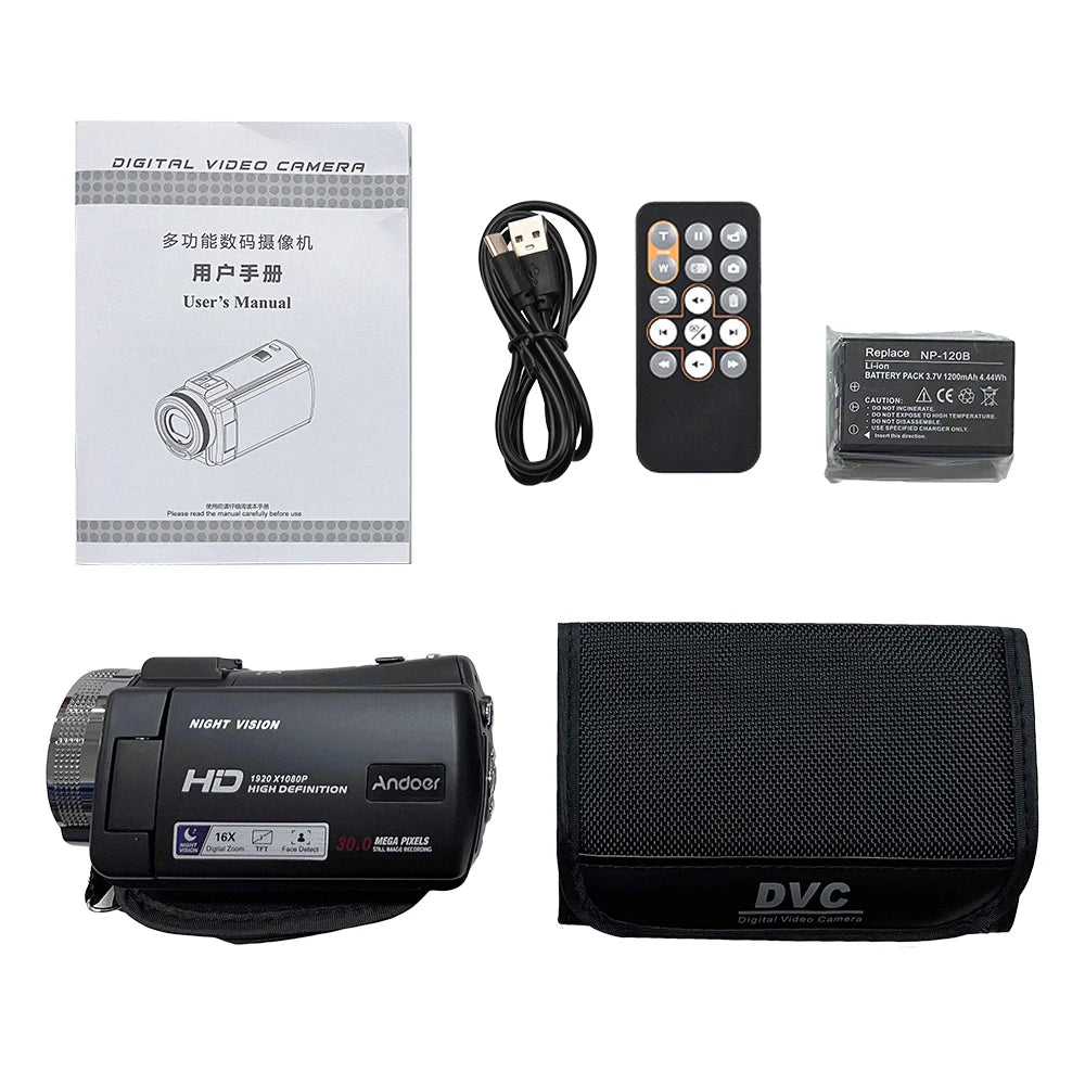 Andoer V12 1080P Full HD Camcorder – 16X Digital Zoom, Night Vision & Face Detection