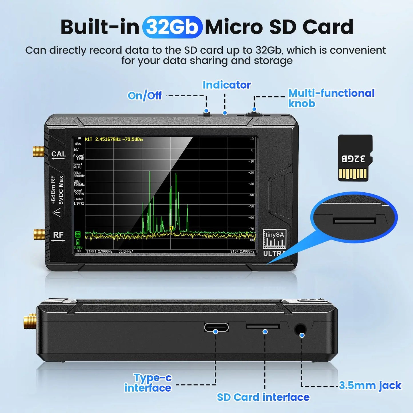 TinySA ULTRA 4" Spectrum Analyzer – 100kHz to 5.3GHz Paranormal EMF Detector & RF Signal Tester