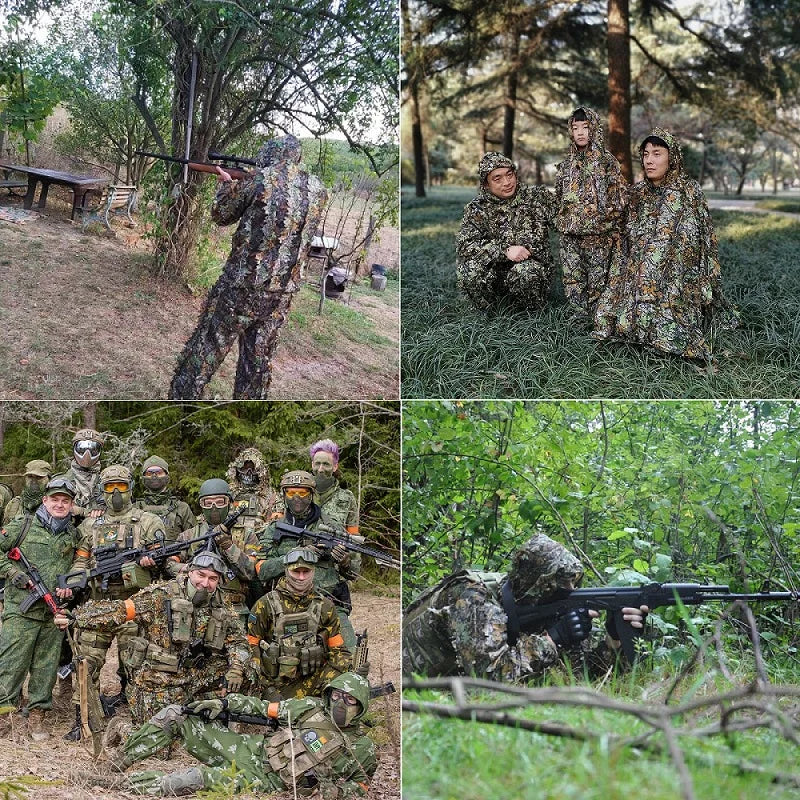 3D Leaf Ghillie Suit – Outdoor Camouflage Jacket & Pants Set with Hood | Hunting, Airsoft & Jungle Training (Men, Women, Kids)