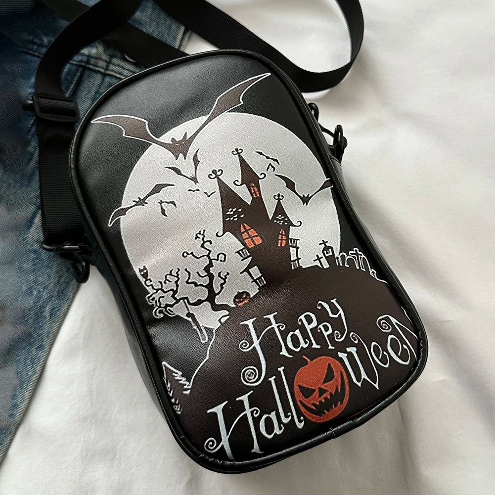 Halloween PU Crossbody Bag – Pumpkin & Ghost Shoulder Purse with Large Capacity & Gothic Style
