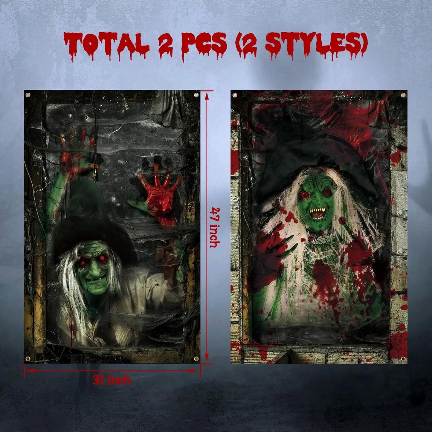 2 Pcs Scary Halloween Window Curtains – Horror Silhouette & Blood Splatter Decoration