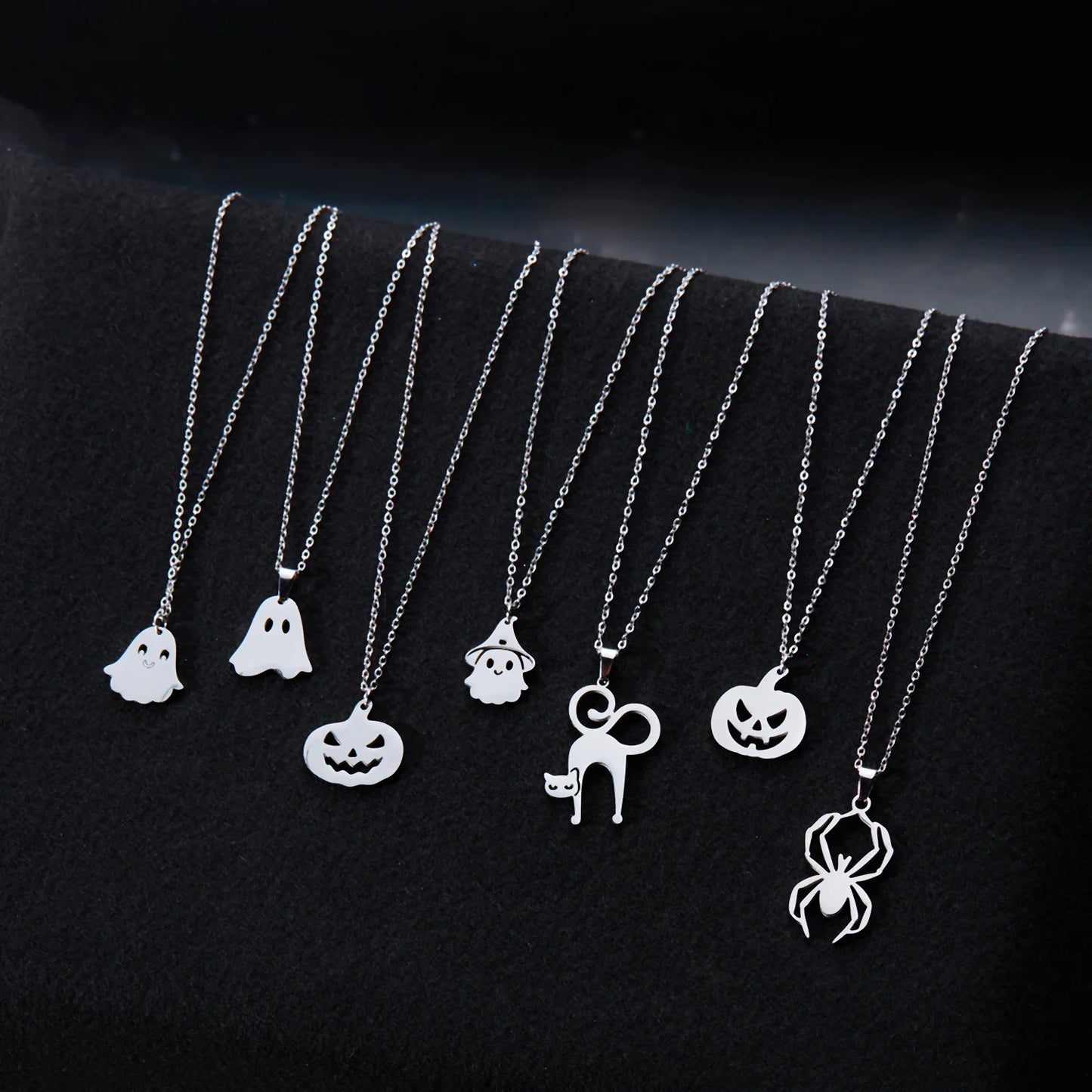 Halloween Pendant Necklace – Stainless Steel Black Cat, Ghost, Spider & Pumpkin Charm | Gothic Friendship Jewelry Gift