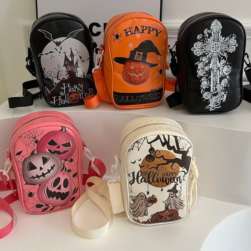 Halloween PU Crossbody Bag – Pumpkin & Ghost Shoulder Purse with Large Capacity & Gothic Style