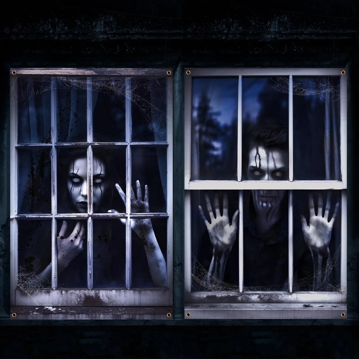 2 Pcs Scary Halloween Window Curtains – Horror Silhouette & Blood Splatter Decoration