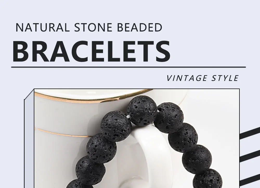 Natural Black Lava Stone Beaded Bracelet – Essential Oil Diffuser Charm Jewelry for Men & Women