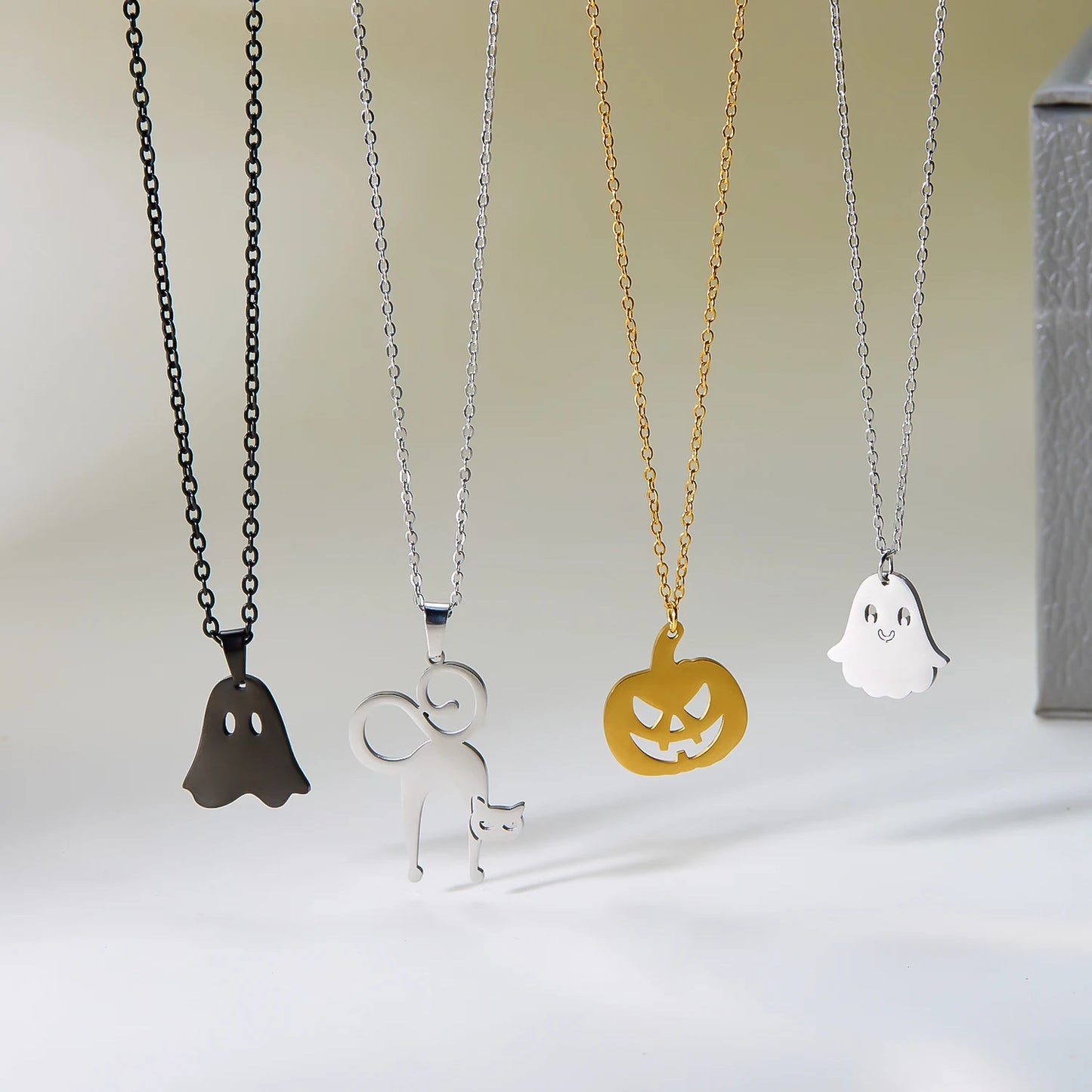 Halloween Pendant Necklace – Stainless Steel Black Cat, Ghost, Spider & Pumpkin Charm | Gothic Friendship Jewelry Gift