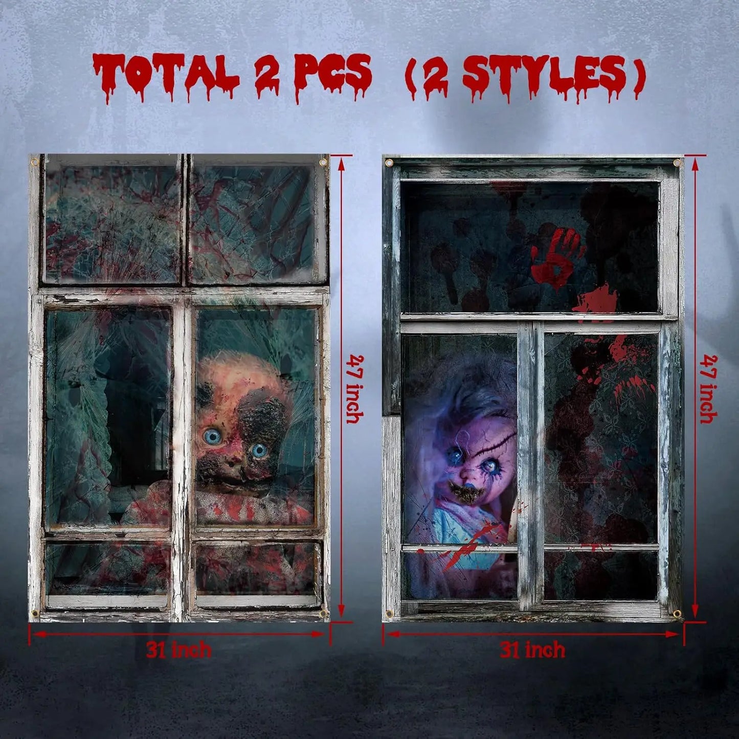 2 Pcs Scary Halloween Window Curtains – Horror Silhouette & Blood Splatter Decoration