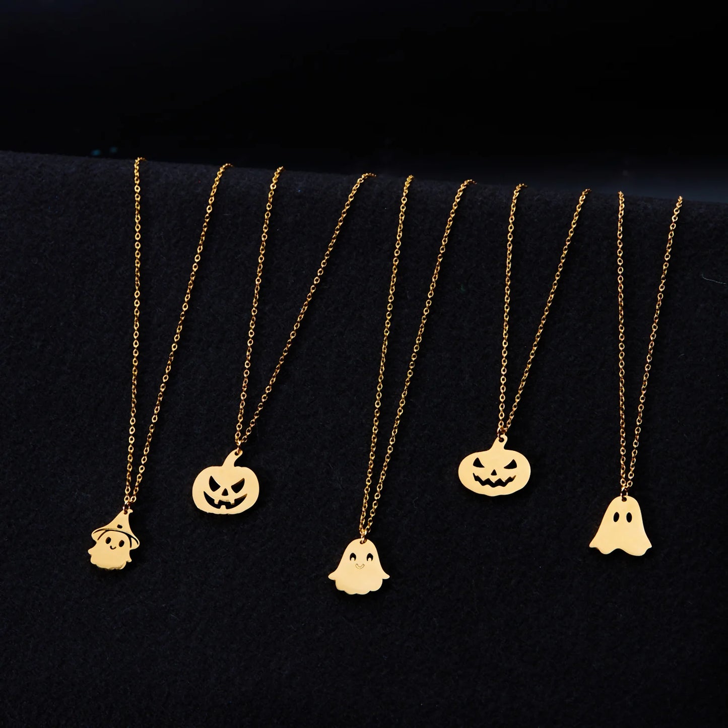 Halloween Pendant Necklace – Stainless Steel Black Cat, Ghost, Spider & Pumpkin Charm | Gothic Friendship Jewelry Gift
