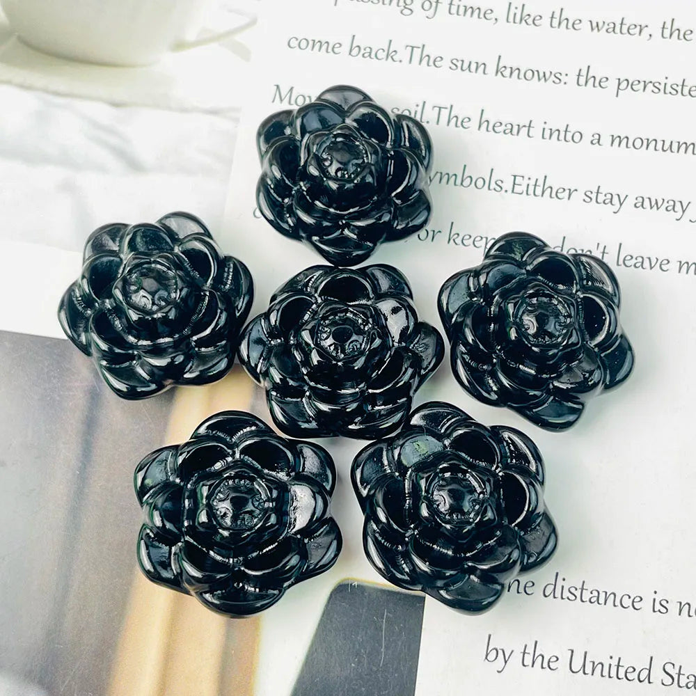 Black Obsidian Crystal Flower – Hand-Carved Spiritual Healing Stone
