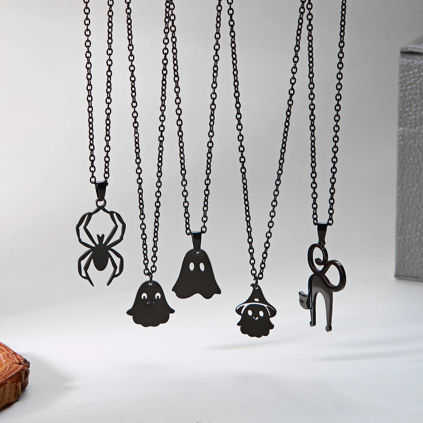 Halloween Pendant Necklace – Stainless Steel Black Cat, Ghost, Spider & Pumpkin Charm | Gothic Friendship Jewelry Gift