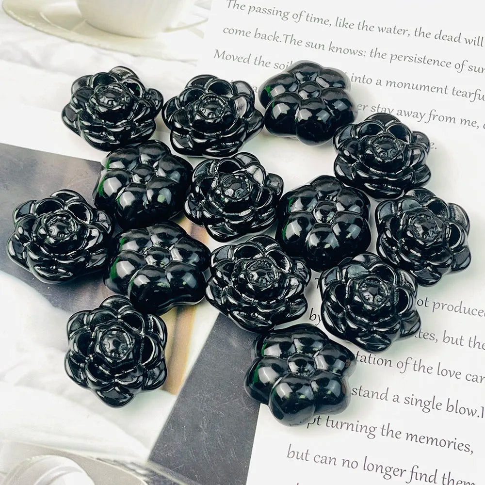 Black Obsidian Crystal Flower – Hand-Carved Spiritual Healing Stone