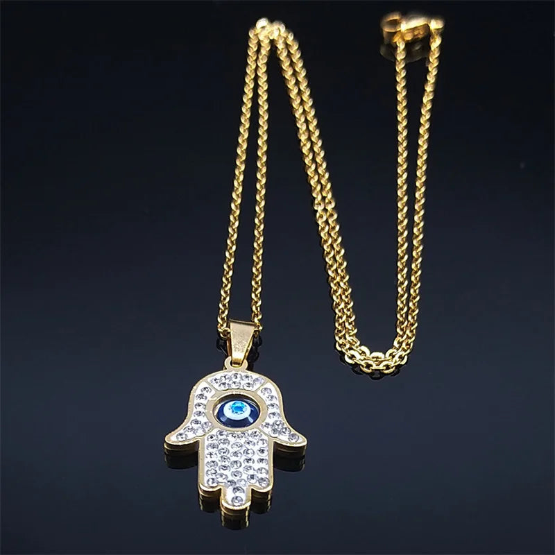 Fatima Hand Evil Eye Necklace – Stainless Steel Protection Pendant for Men & Women | Turkish Blue Eye Amulet Jewelry