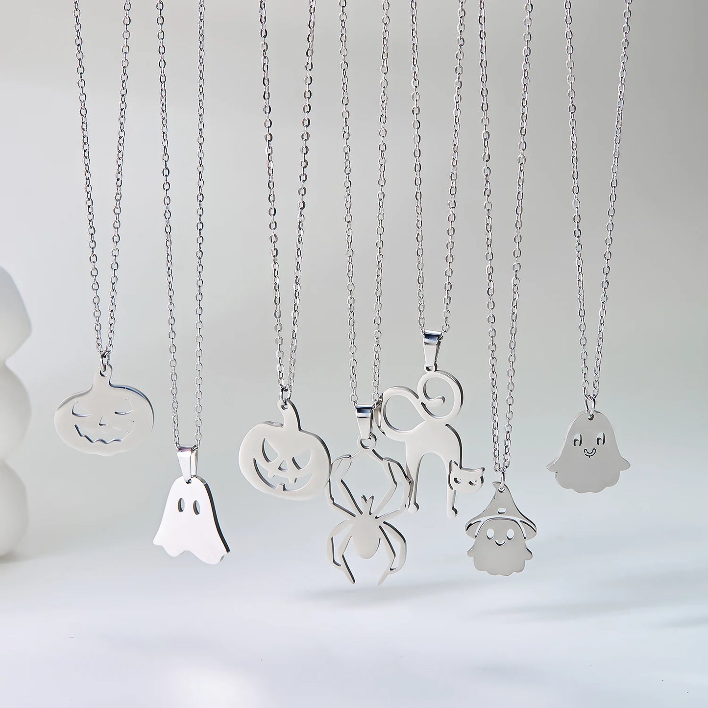 Halloween Pendant Necklace – Stainless Steel Black Cat, Ghost, Spider & Pumpkin Charm | Gothic Friendship Jewelry Gift