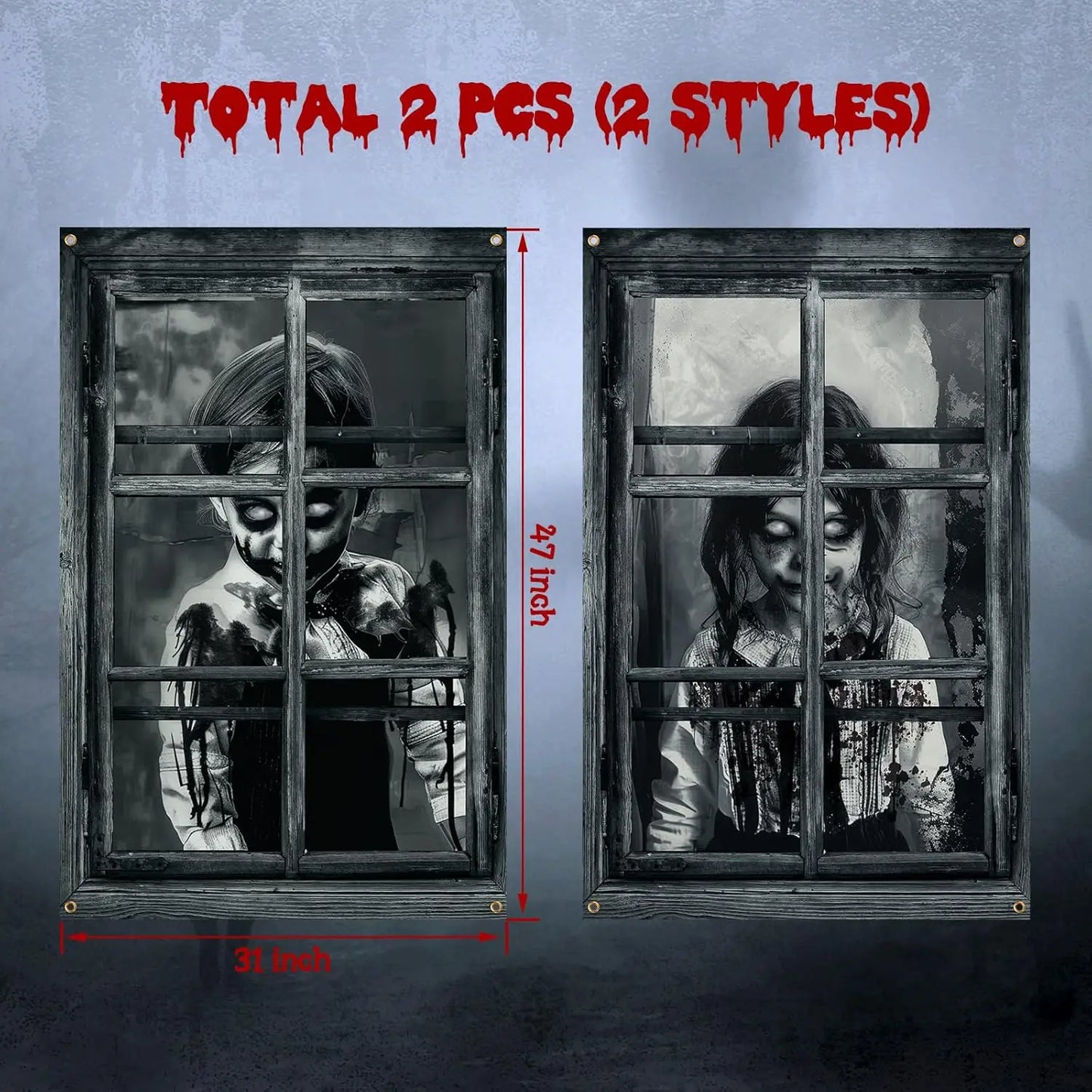 2 Pcs Scary Halloween Window Curtains – Horror Silhouette & Blood Splatter Decoration