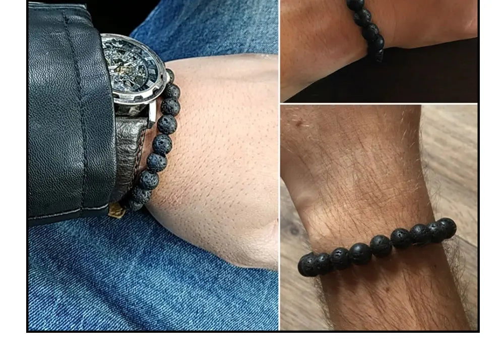 Natural Black Lava Stone Beaded Bracelet – Essential Oil Diffuser Charm Jewelry for Men & Women