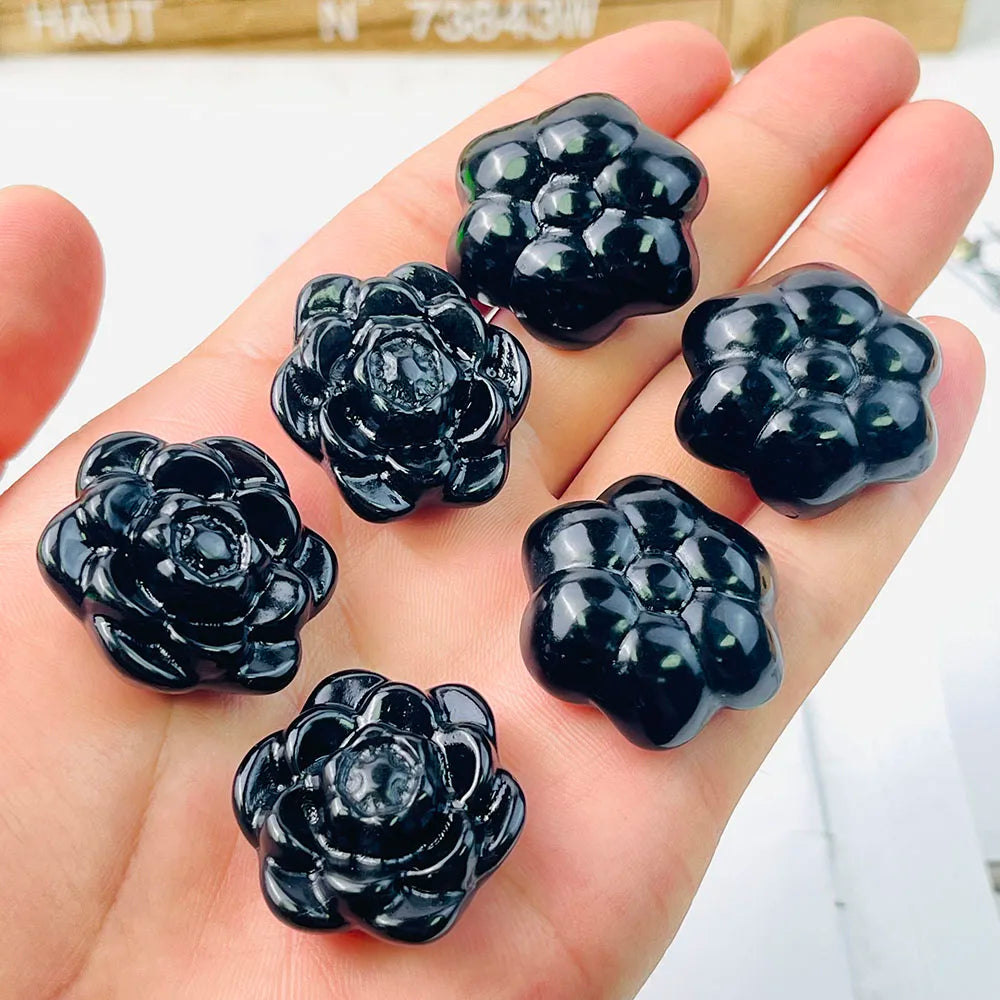 Black Obsidian Crystal Flower – Hand-Carved Spiritual Healing Stone
