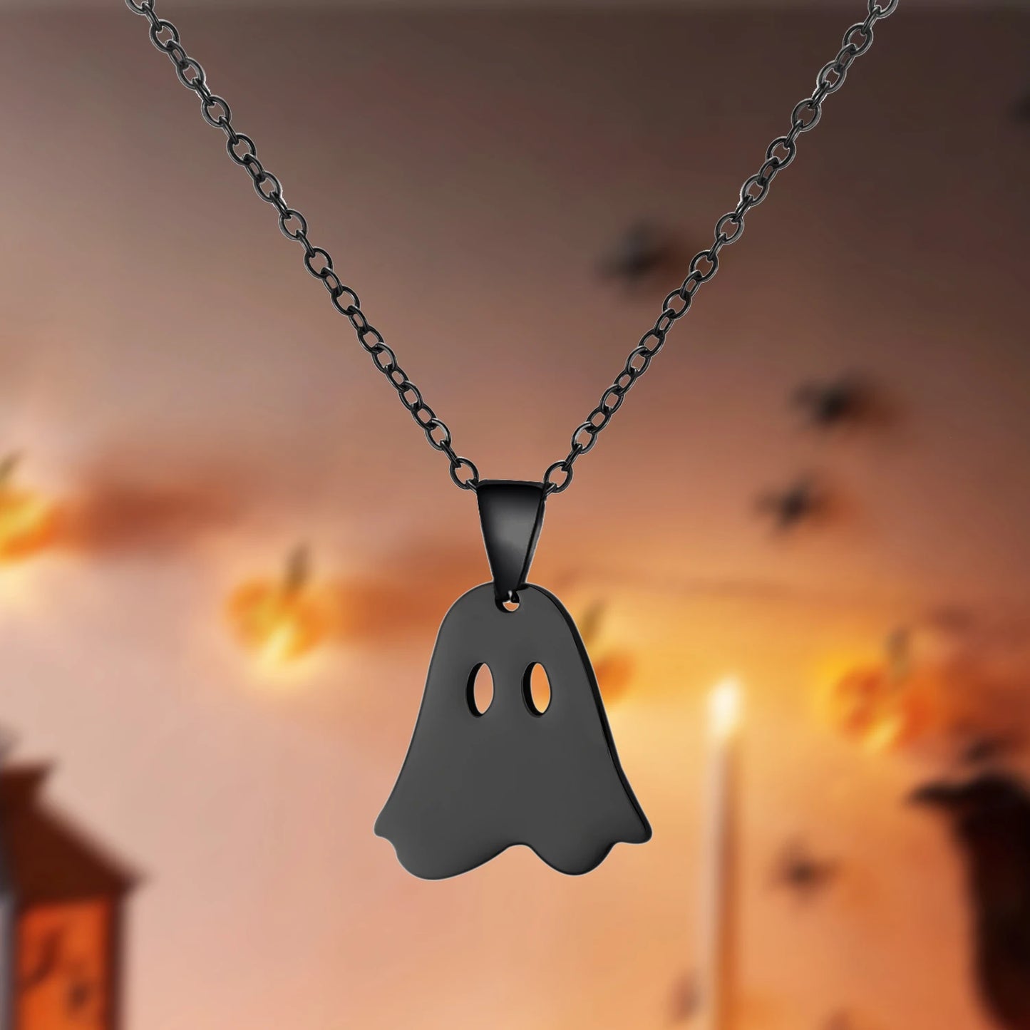 Halloween Pendant Necklace – Stainless Steel Black Cat, Ghost, Spider & Pumpkin Charm | Gothic Friendship Jewelry Gift