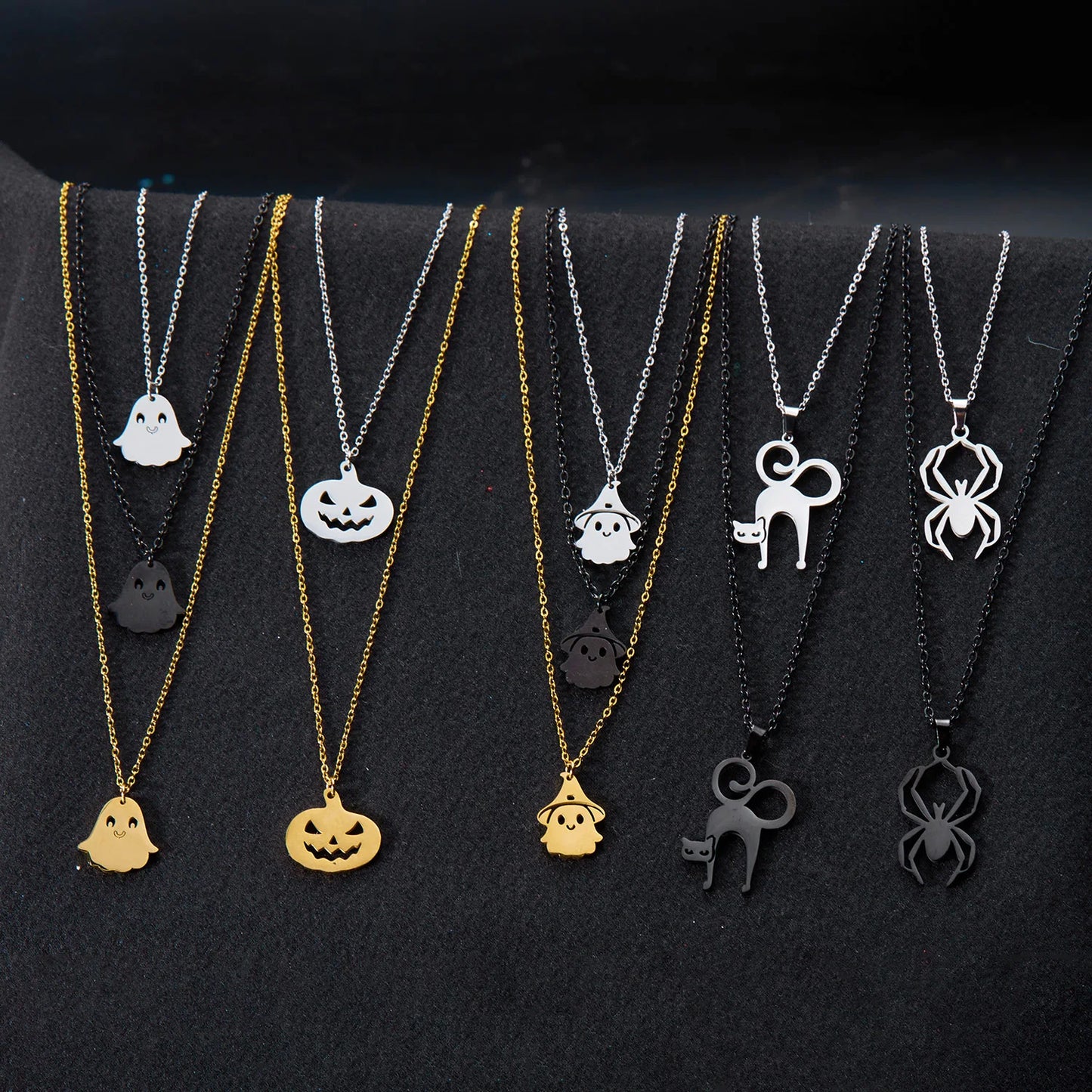 Halloween Pendant Necklace – Stainless Steel Black Cat, Ghost, Spider & Pumpkin Charm | Gothic Friendship Jewelry Gift