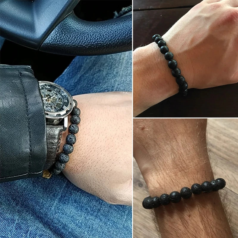 Natural Black Lava Stone Beaded Bracelet – Essential Oil Diffuser Charm Jewelry for Men & Women