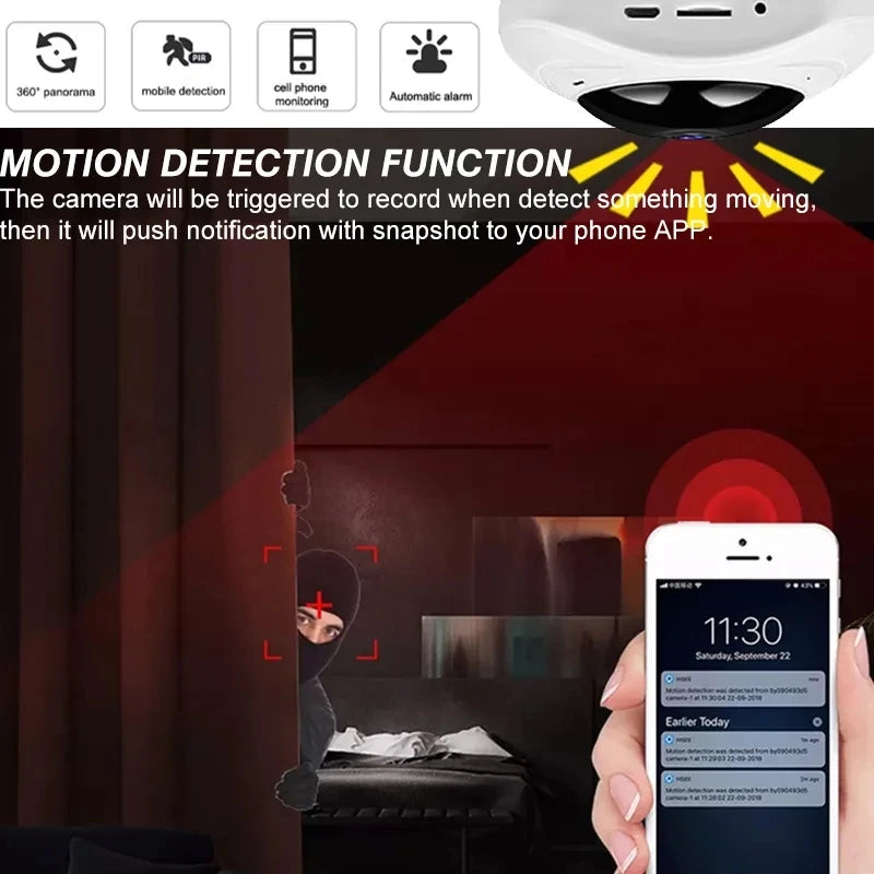 3MP 1296P Yoosee/Eseecloud 360° Ghost Hunting & Surveillance VR IP Camera – Night Vision & Motion Detection
