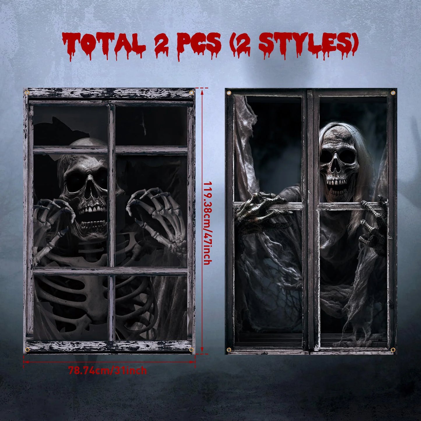 2 Pcs Scary Halloween Window Curtains – Horror Silhouette & Blood Splatter Decoration