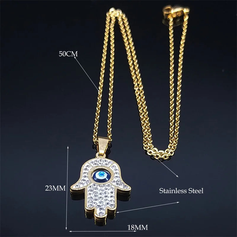 Fatima Hand Evil Eye Necklace – Stainless Steel Protection Pendant for Men & Women | Turkish Blue Eye Amulet Jewelry