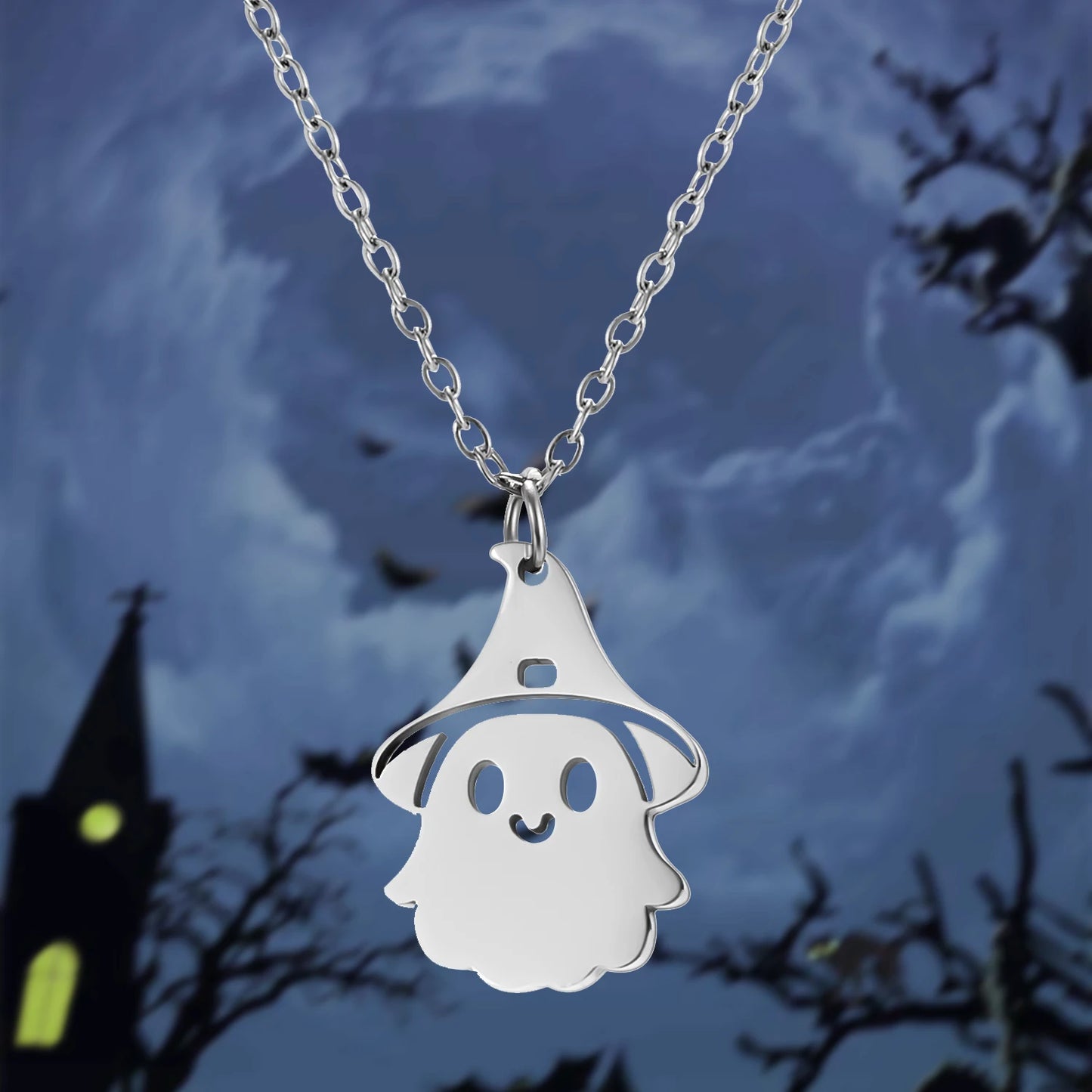 Halloween Pendant Necklace – Stainless Steel Black Cat, Ghost, Spider & Pumpkin Charm | Gothic Friendship Jewelry Gift