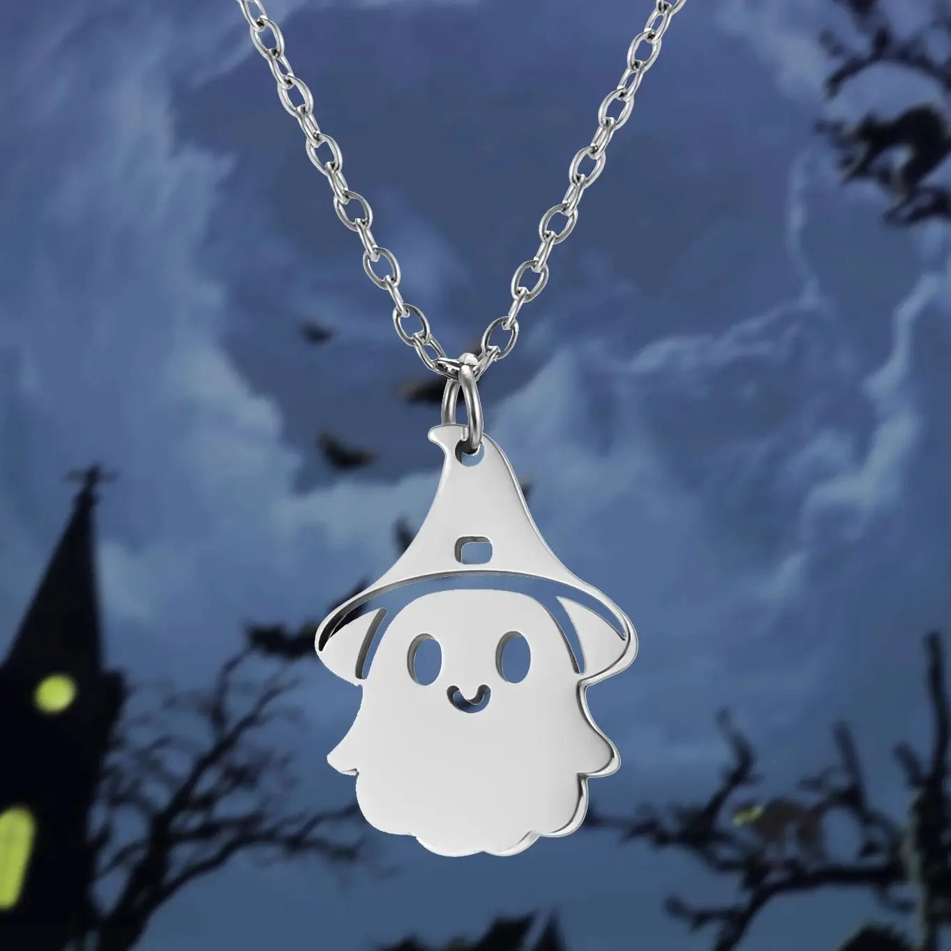 Halloween Pendant Necklace – Stainless Steel Black Cat, Ghost, Spider & Pumpkin Charm | Gothic Friendship Jewelry Gift