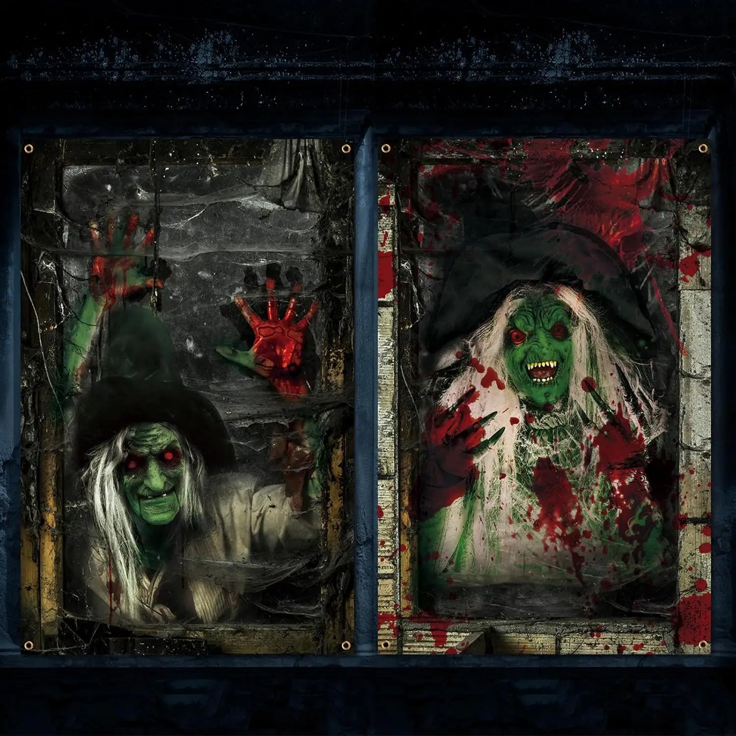 2 Pcs Scary Halloween Window Curtains – Horror Silhouette & Blood Splatter Decoration