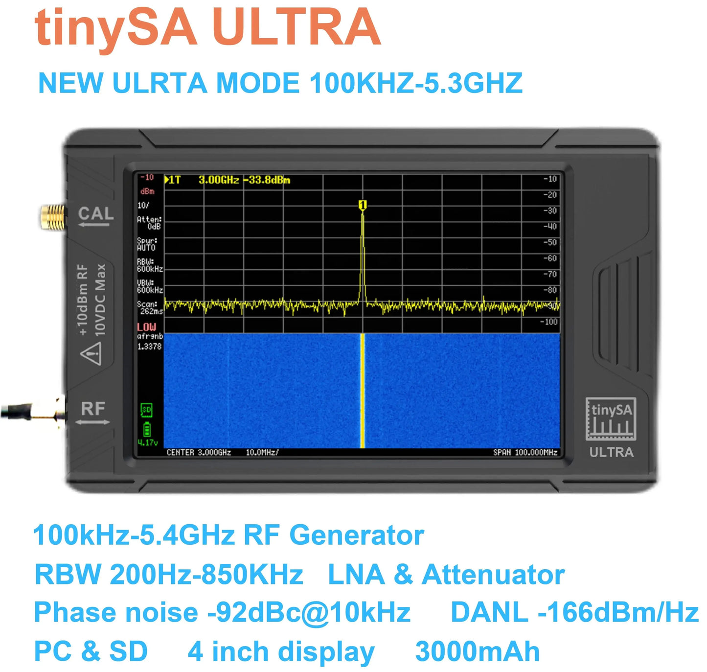 TinySA ULTRA 4" Spectrum Analyzer – 100kHz to 5.3GHz Paranormal EMF Detector & RF Signal Tester