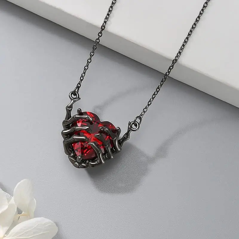 Gothic Red Heart Ghost Claw Pendant Necklace – Punk Dark Style Jewelry for Men & Women