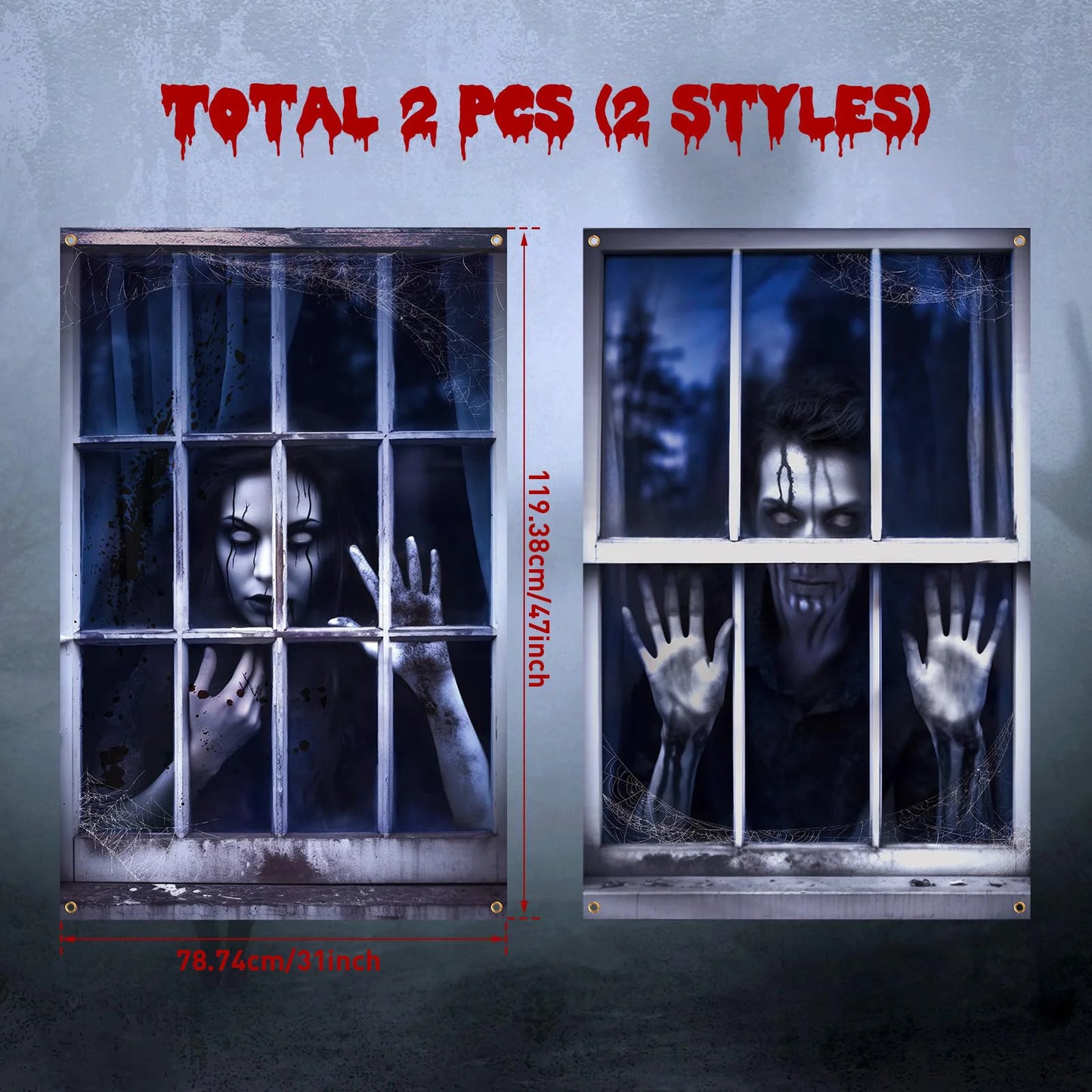 2 Pcs Scary Halloween Window Curtains – Horror Silhouette & Blood Splatter Decoration
