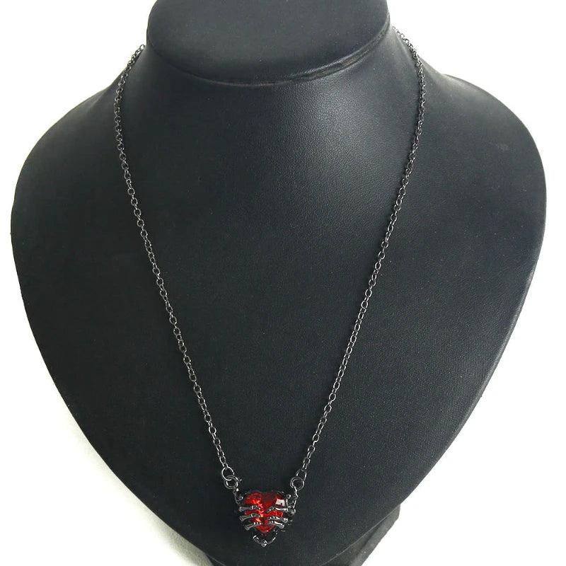 Gothic Red Heart Ghost Claw Pendant Necklace – Punk Dark Style Jewelry for Men & Women