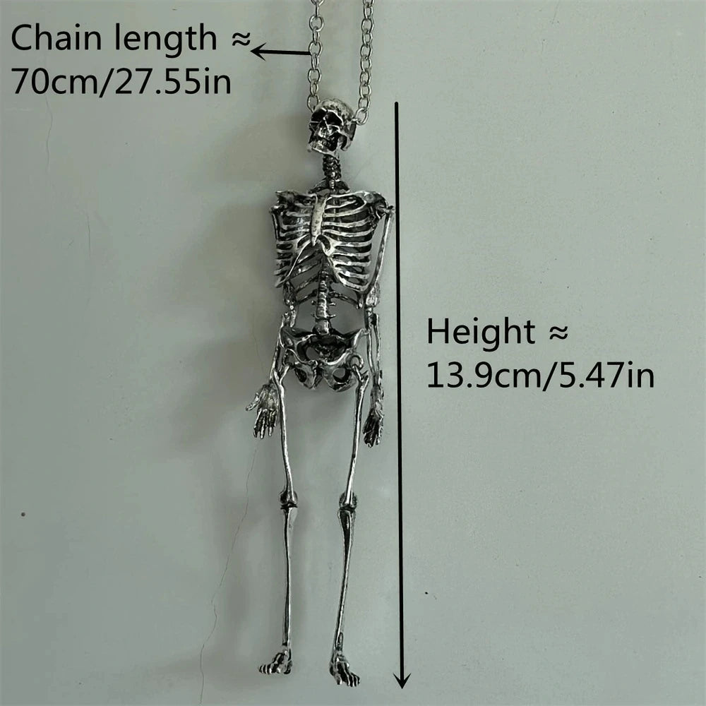 Skeleton Skull Pendant Necklace – Men’s Punk Hip-Hop Silver Gothic Jewelry | Adjustable Skeleton Body Chain