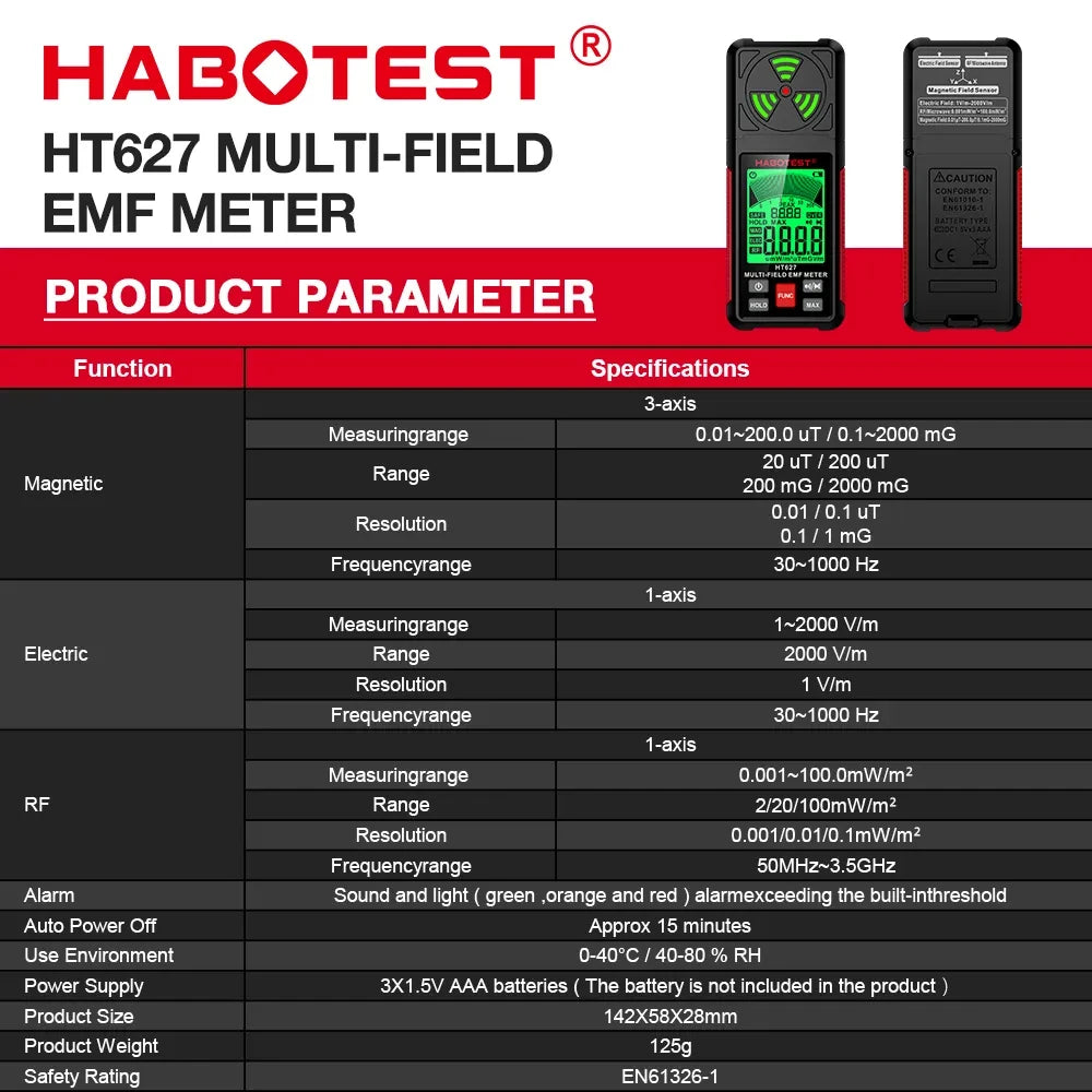HT627 3-in-1 EMF Meter – Electromagnetic Field Detector for Paranormal Investigations & Ghost Hunting