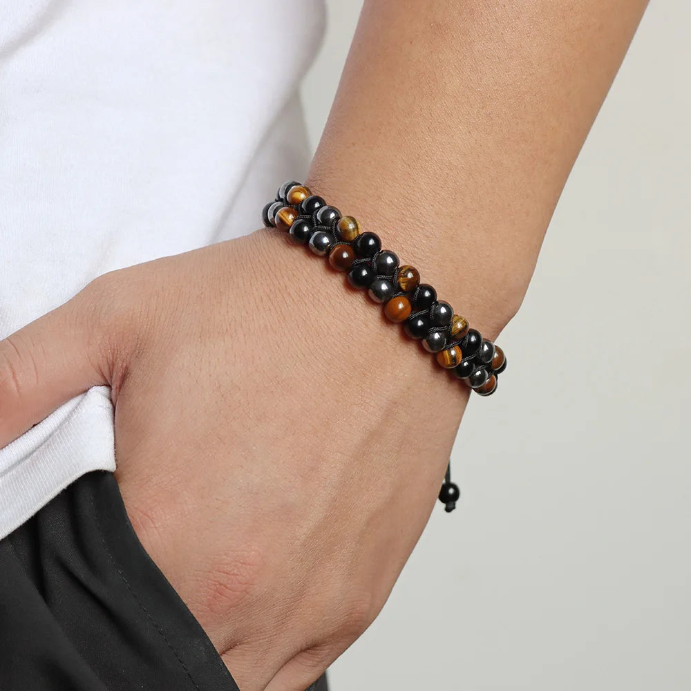 Triple Protection Bracelet – Black Obsidian, Hematite & Tiger Eye 6mm Bead Bracelet for Energy Balance & Slimming